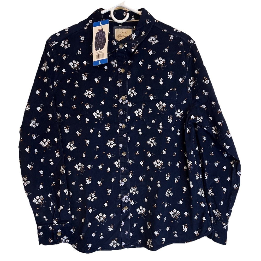 Jachs Girlfriend New York Blue‎ Floral Corduroy Size Large Collared Button Up